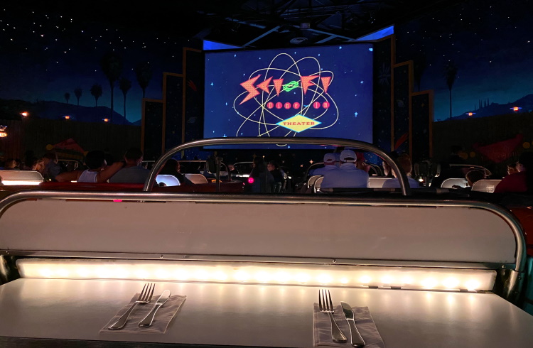 Seating at Sci-Fi Dine-In Restaurant at Disney's Hollywood Studios.