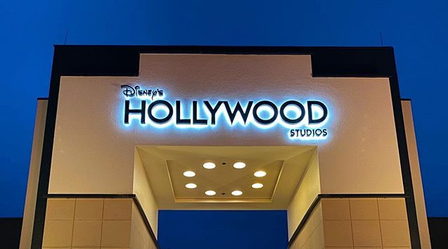 Disney's Hollywood Studios sign at night