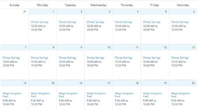 Disney World theme park calendar for June 2020.