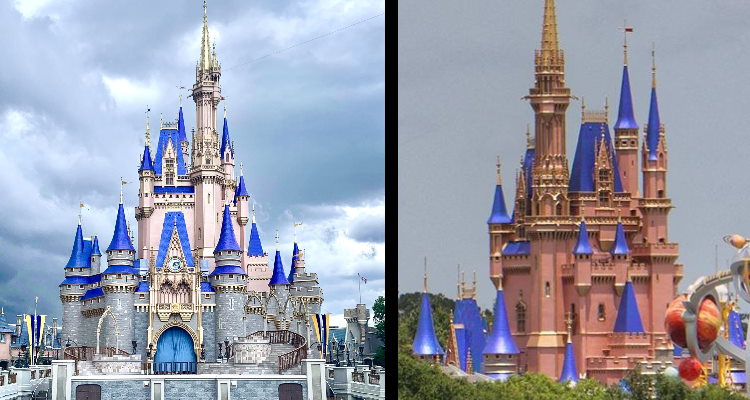 Cinderella Castle's new paint looks different every time we see it.