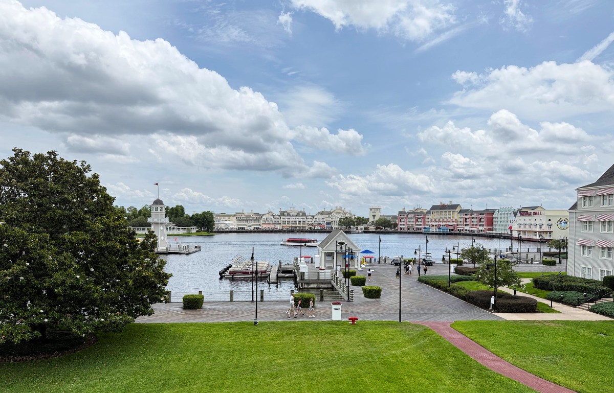 View from the balcony at Disney's Yacht Club looking at Disney's BoardWalk Inn.