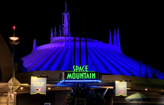 Space Mountain at night at the Magic Kingdom