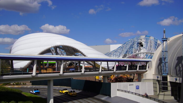 Construction of the canopy on TRON Lightcycle Run at the Magic Kingdom.