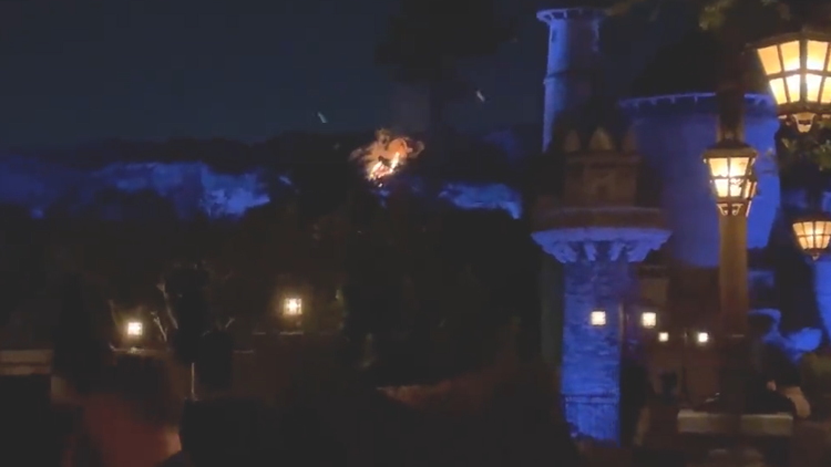 Fire on the outside of the Little Mermaid ride at the Magic Kingdom.