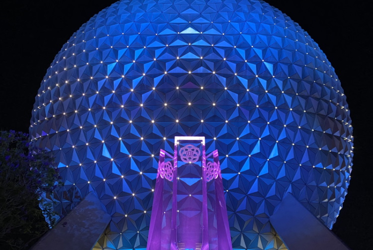 EPCOT's Spaceship Earth at night.