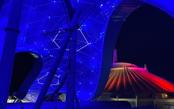 Lights on the canopy of TRON Lightcycle Run.