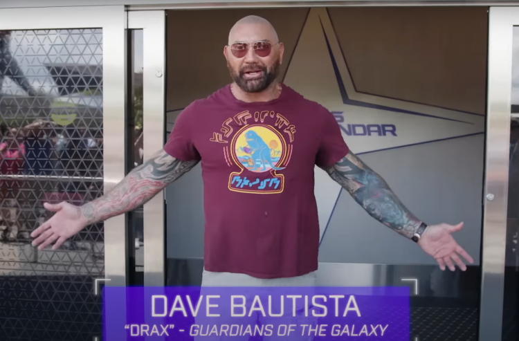 Dave Bautista rides Guardians of the Galaxy: Cosmic Rewind at EPCOT.