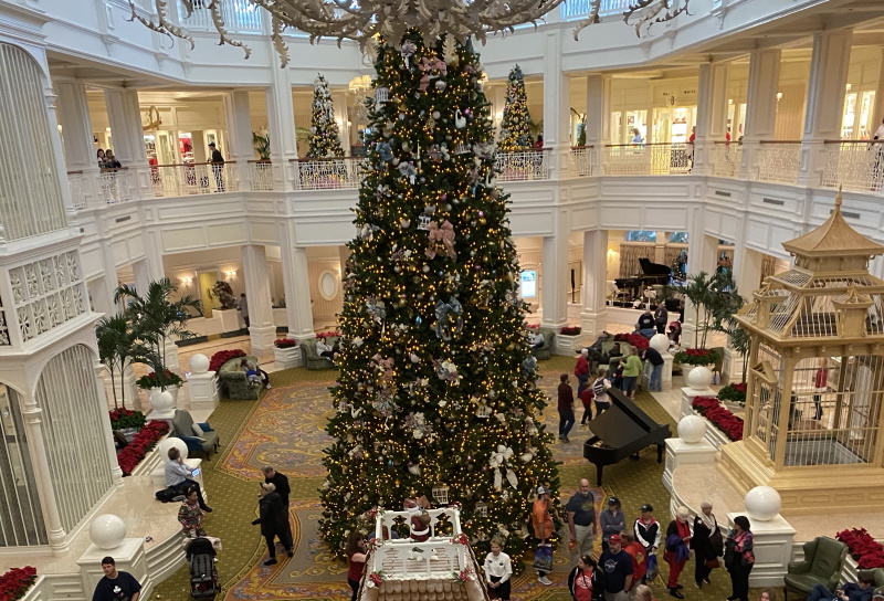 Lobby of Disney's Grand Floridian Resort at Christmas.