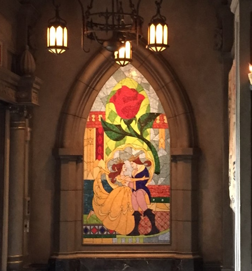 Beauty and the Beast stained glass at Be Our Guest restaurant. 