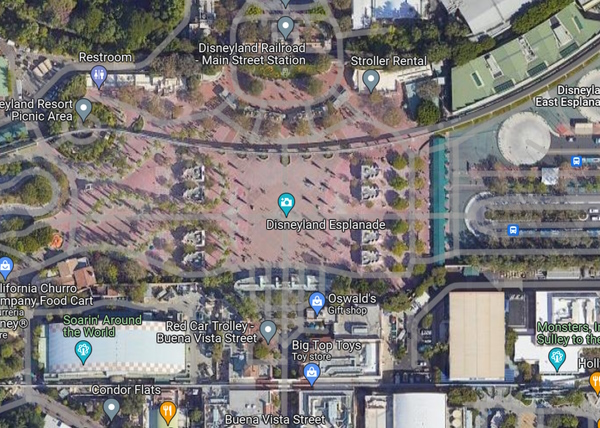 Aerial view of the Disneyland Esplanade.
