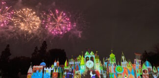 'Wondrous Journeys' fireworks show in front of 'it's a small world' at Disneyland.