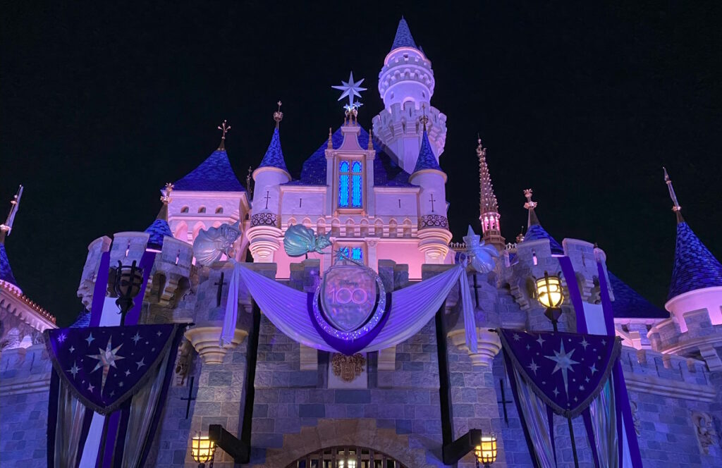 Sleeping Beauty Castle at night at Disneyland.