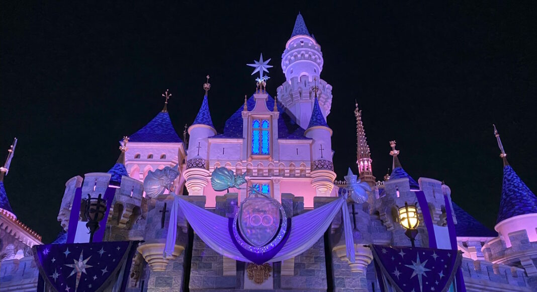 Sleeping Beauty Castle at night at Disneyland.