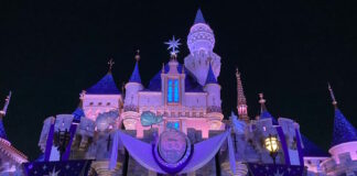 Sleeping Beauty Castle at night at Disneyland.