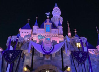 Sleeping Beauty Castle at night at Disneyland.