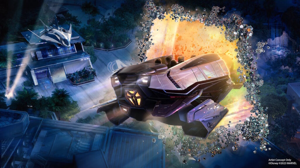 Concept art for the ride vehicle for the proposed Avengers ride at Disney California Adventure.