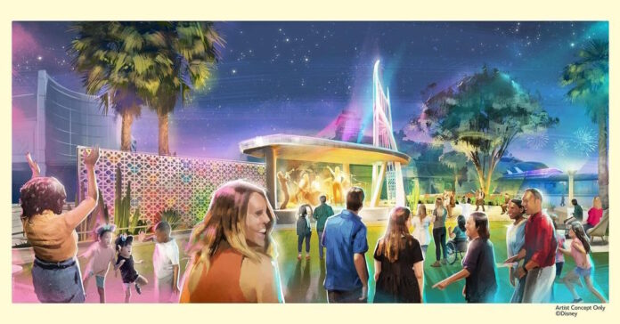 Concept art for a new stage and lawn area at Downtown Disneyland.