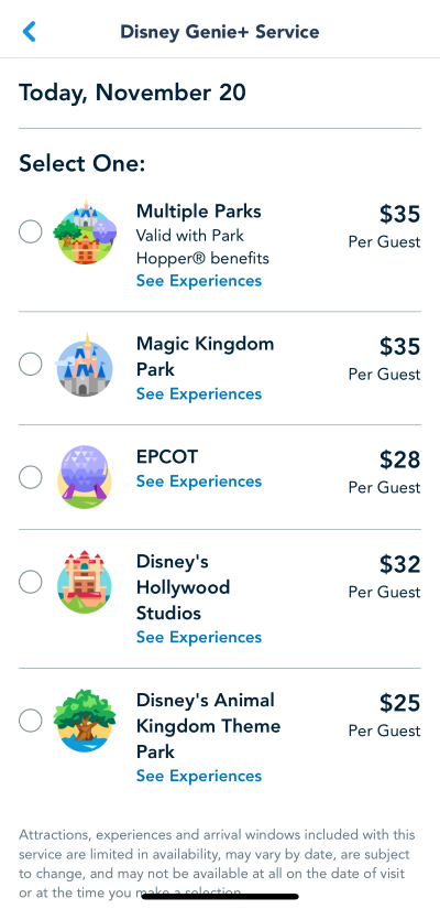 Disney Genie+ Pricing for Thanksgiving at Walt Disney World.