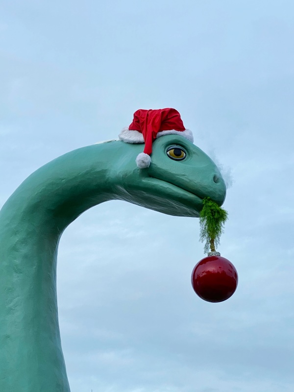 Dinosaur Gertie with Christmas decorations in Disney's Hollywood Studios.
