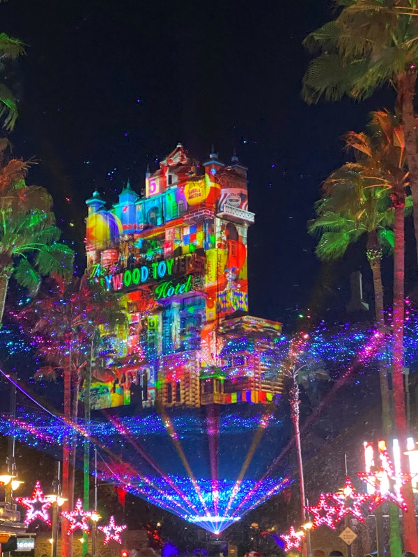 Holiday projections on the Tower of Terror at Disney's Hollywood Studios.