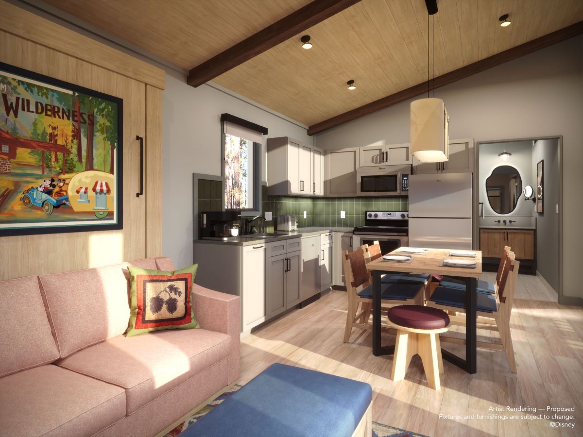 Fort Wilderness Disney Vacation Club cabin concept art showing the kitchen and living space.