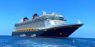 The Disney Fantasy cruise ship anchored off Grand Cayman.