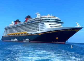 The Disney Fantasy cruise ship anchored off Grand Cayman.