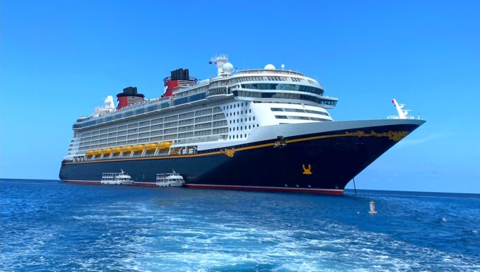 The Disney Fantasy cruise ship anchored off Grand Cayman.