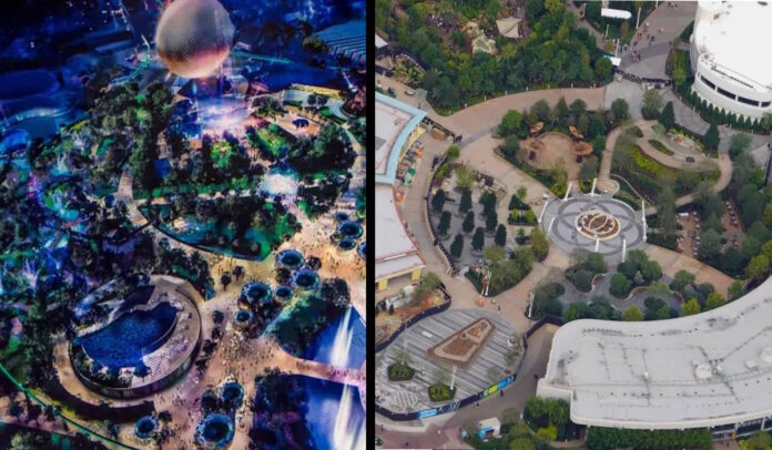 Image comparing concept art for EPCOT's transformation and an aerial photo of the finished World Celebration.