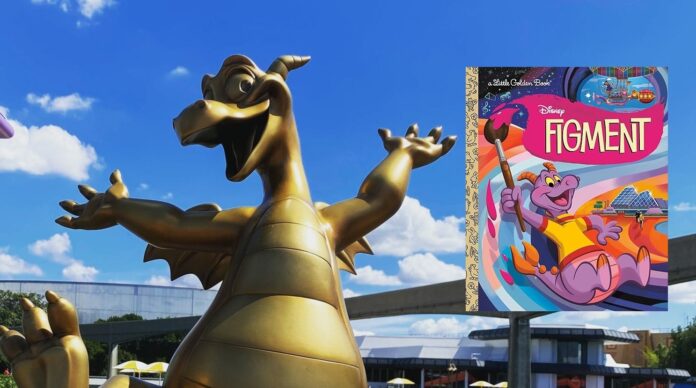 Figment sculpture at EPCOT with the Figment Little Golden Book.