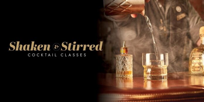 Banner for 'Shaken and Stirred' cocktail classes at The Edison in Disney Springs.