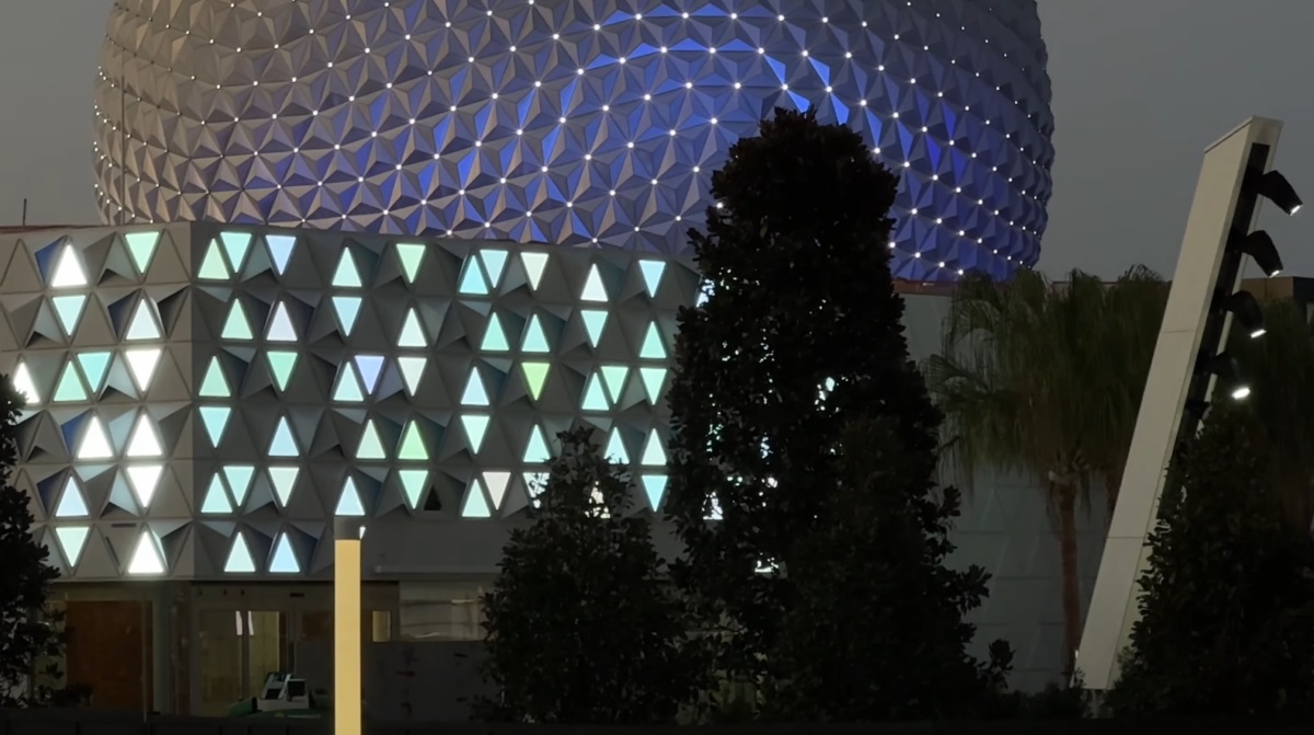 Lighting testing on CommuniCore Hall with Spaceship Earth in the background.