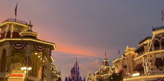 Sunset on Main Street USA at the Magic Kingdom.