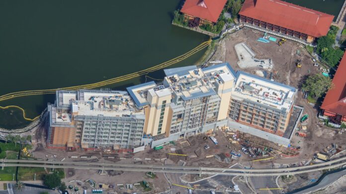 Construction update on the Disney Vacation Club tower at Disney's Polynesian Village Resort.