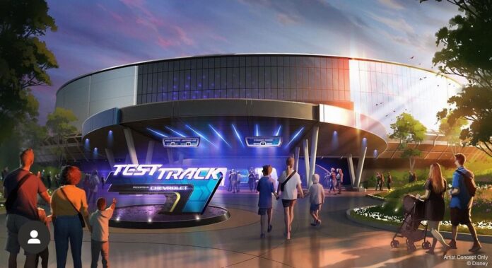 Concept art showing the updated exterior of Test Track at EPCOT.