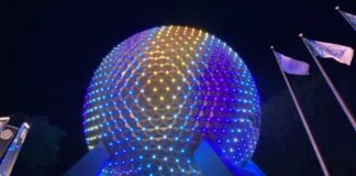 EPCOT's Spaceship Earth at night.