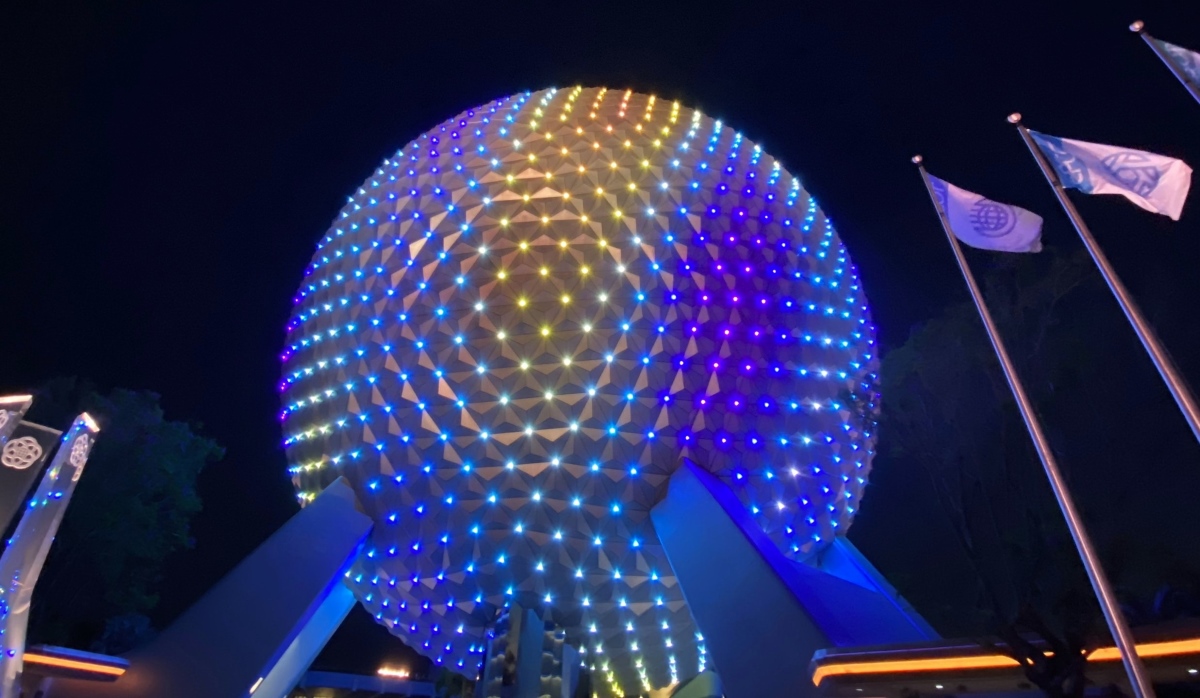 EPCOT's Spaceship Earth at night.