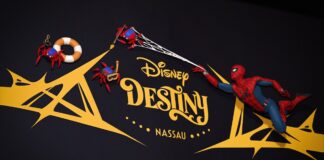 Spider-Man on the stern of the Disney Destiny.