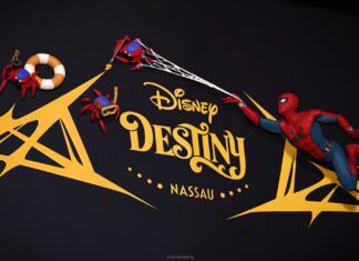 Spider-Man on the stern of the Disney Destiny.