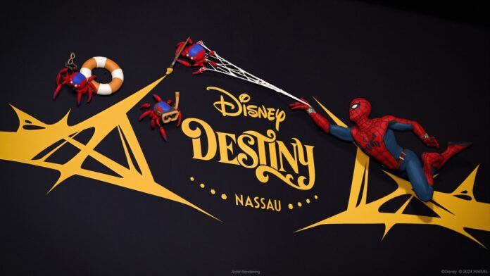 Spider-Man on the stern of the Disney Destiny.