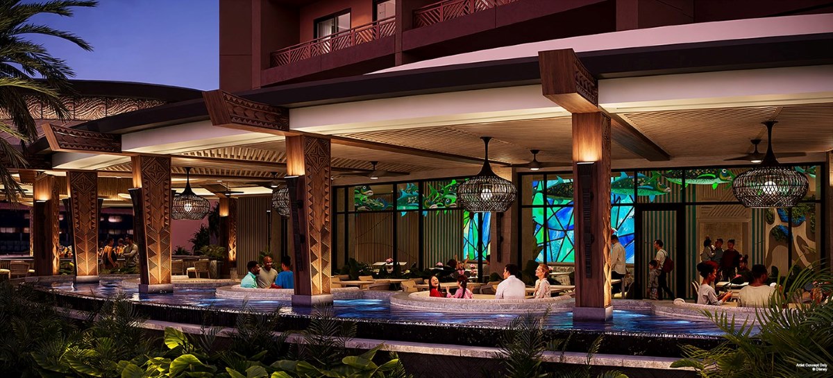 Concept art for the Wailulu restaurant at the Island Tower at Polynesian Village Resort.