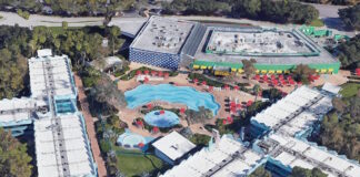 Google Earth view of Surfboard Bay Pool at All-Star Sports Resort.