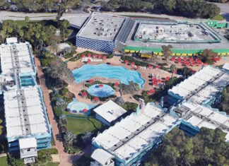 Google Earth view of Surfboard Bay Pool at All-Star Sports Resort.