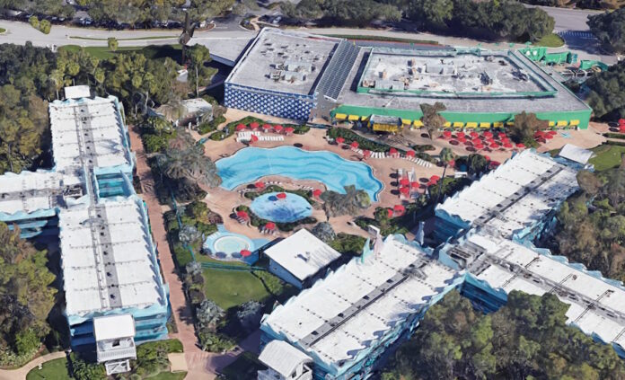 Google Earth view of Surfboard Bay Pool at All-Star Sports Resort.