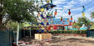 Construction on the seating area at Woody's Lunch Box.