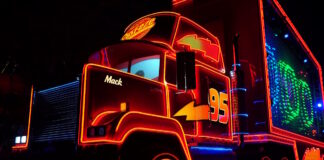 Mack float in the Paint the Night parade at Disneyland Resort.