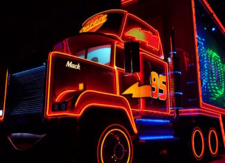 Mack float in the Paint the Night parade at Disneyland Resort.