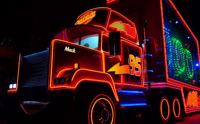 Mack float in the Paint the Night parade at Disneyland Resort.