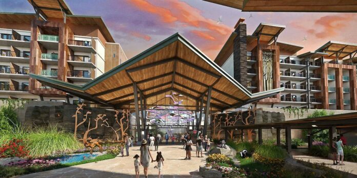 Concept art for the Disney Lakeshore Lodge Disney Vacation Club resort.