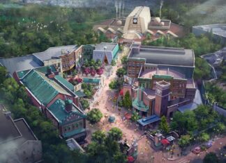 Monsters Inc. land concept art replacing Muppets Courtyard.